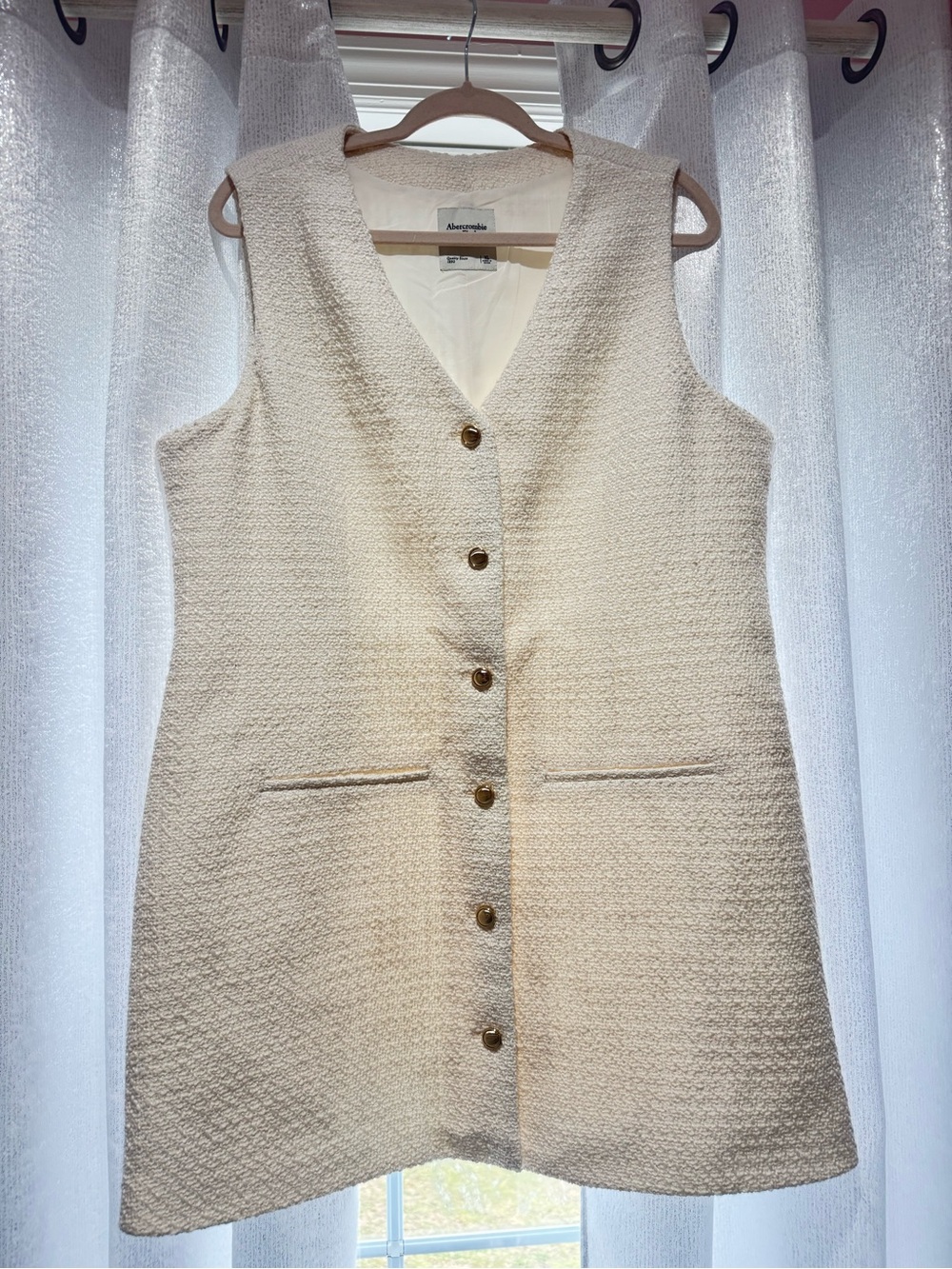 Abercrombie & Fitch Cream Button-Front Textured Sleeveless Dress